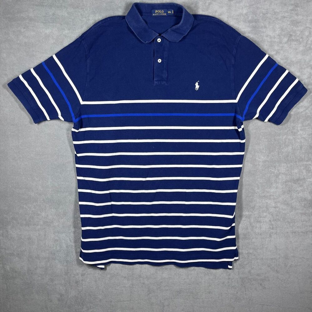 VTG Polo Ralph Lauren Golf Shirt Men's 2XL Blue Striped Performance Short Sleeve